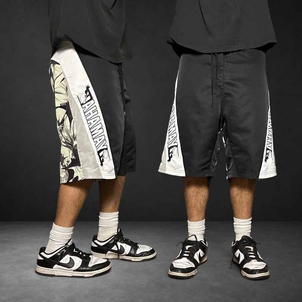 Yamaha Board Shorts Black White Graphic Skater Baggy Y2K Retro Size 36